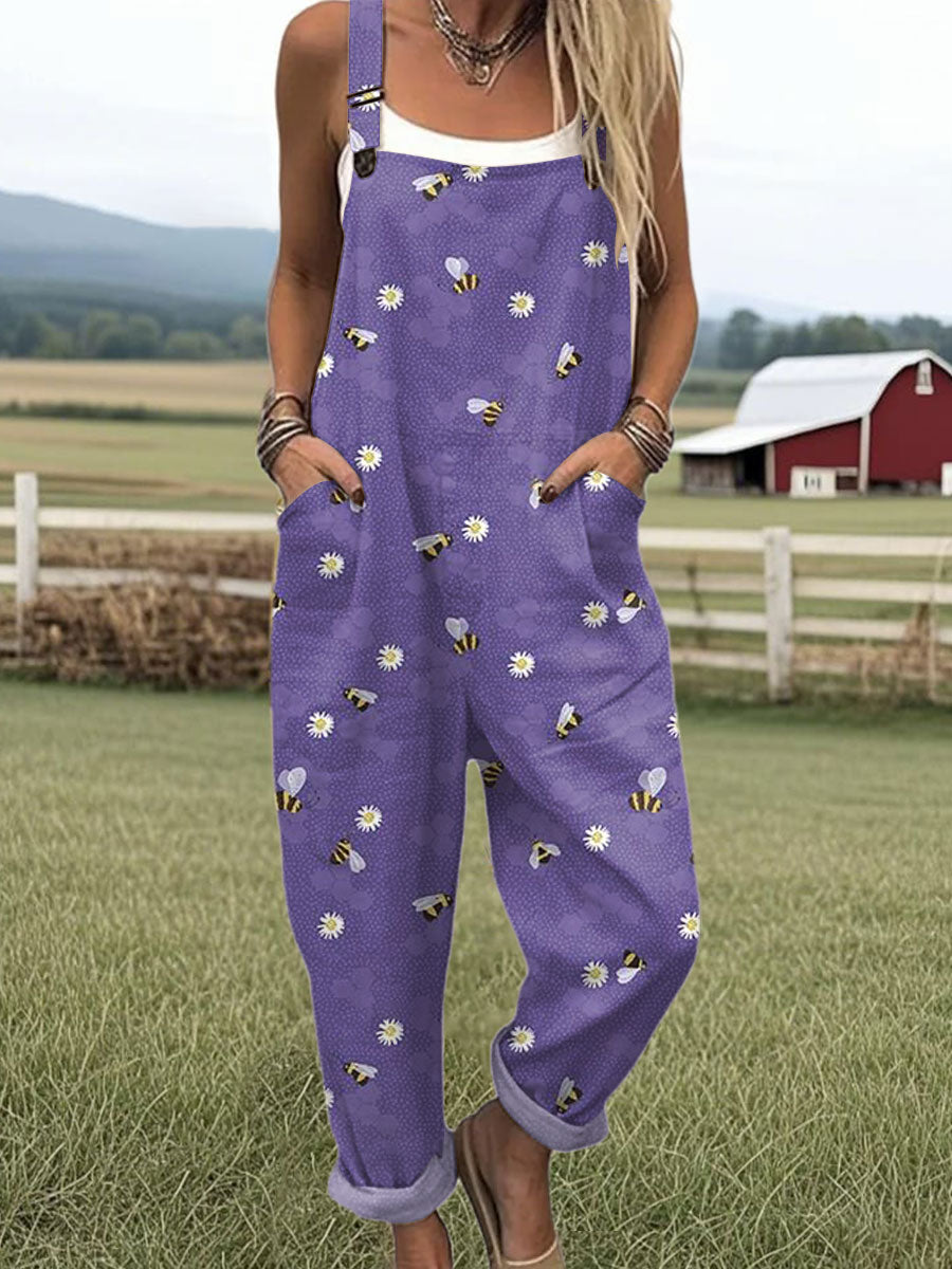 Women's  Bee Art Print Casual 100% Cotton Wide Leg Jumpsuit