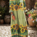 Women's Vintage Striped Sunflower Floral Painting Art Print Dress
