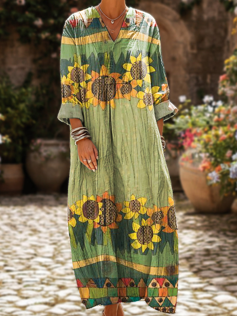 Women's Vintage Striped Sunflower Floral Painting Art Print Dress