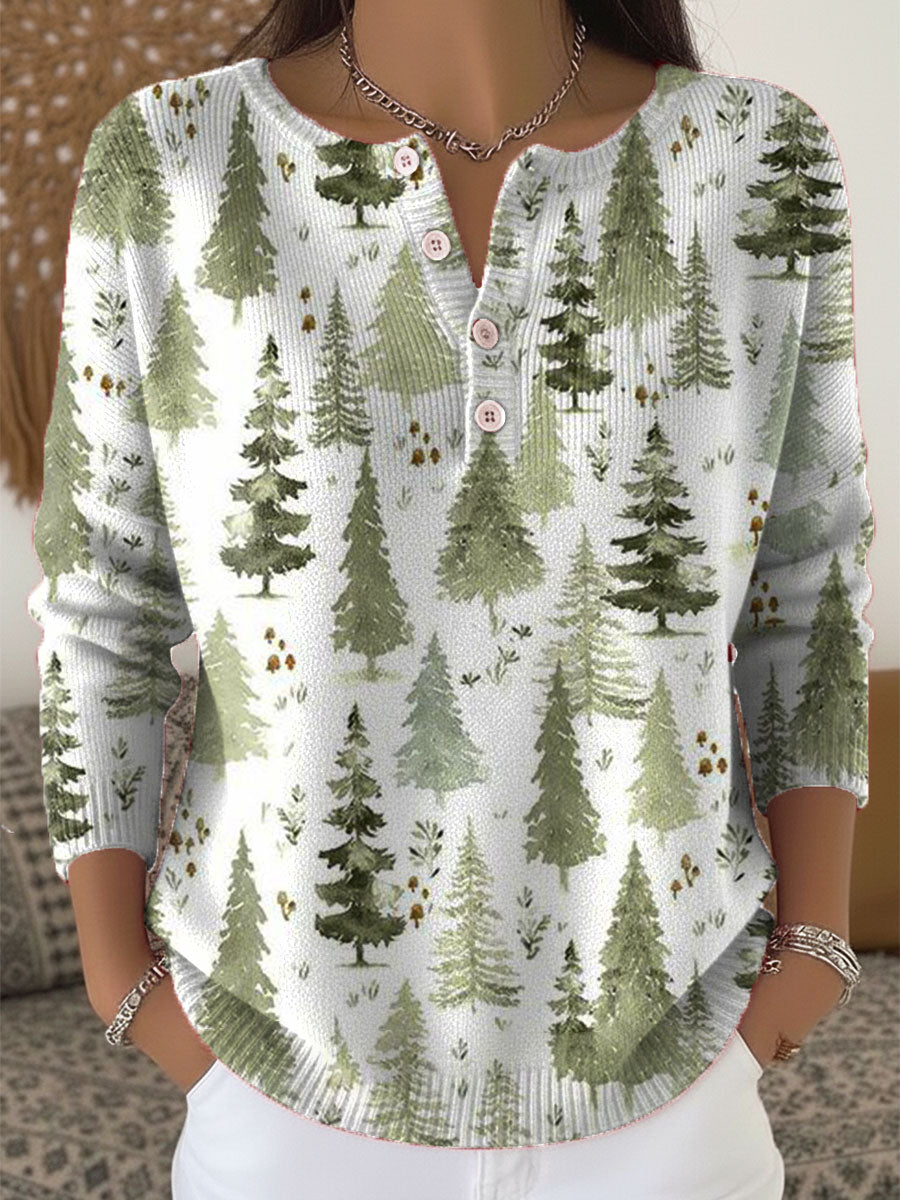 Vintage Christmas Tree Art Print Buttoned Cardigan Sweater
