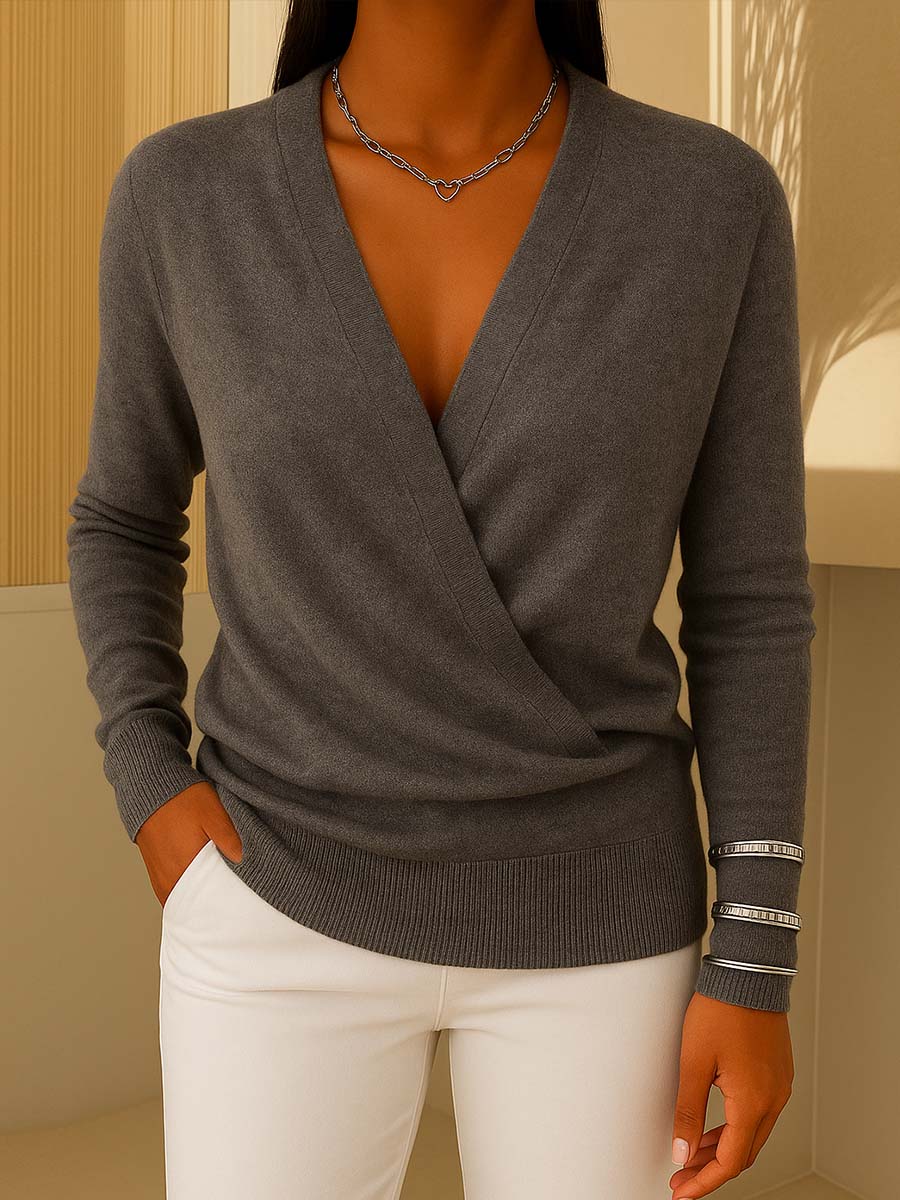 Women's Solid Color V-Neck Long Sleeve Casual Loose Sweater