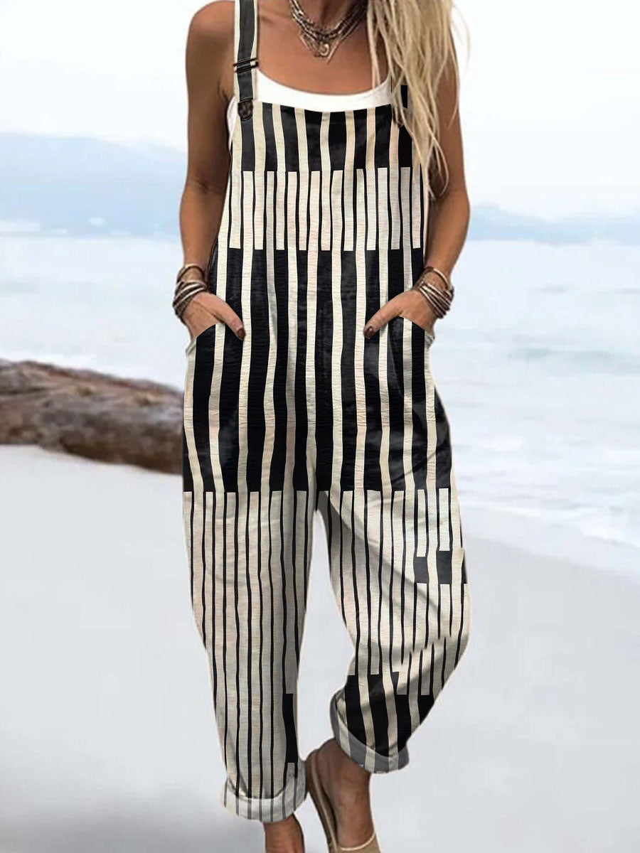 Women's Vintage Abstract Geometric Art Print Casual 100% Cotton Wide Leg Jumpsuit