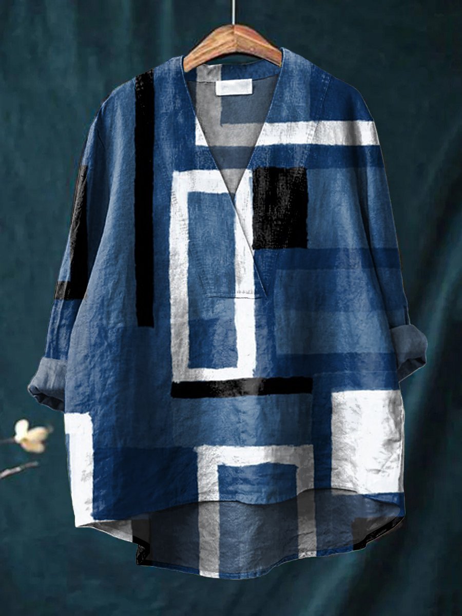 Women's Cowboy Blue Square Geometry Print Casual Cotton And Linen V-neck Shirt