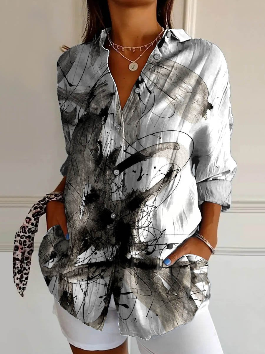 Women's Vintage Abstract Ink Pattern Art Print Casual Cotton Shirt