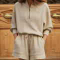 Women's Solid-color Cotton-linen Set: Loose-fit V-neck 3/4-sleeve Top & Elastic-waist Wide-leg Shorts