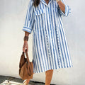 Women's Striped Print Drawstring Waist Linen Dress