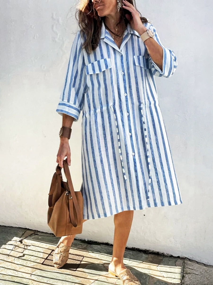 Women's Striped Print Drawstring Waist Linen Dress