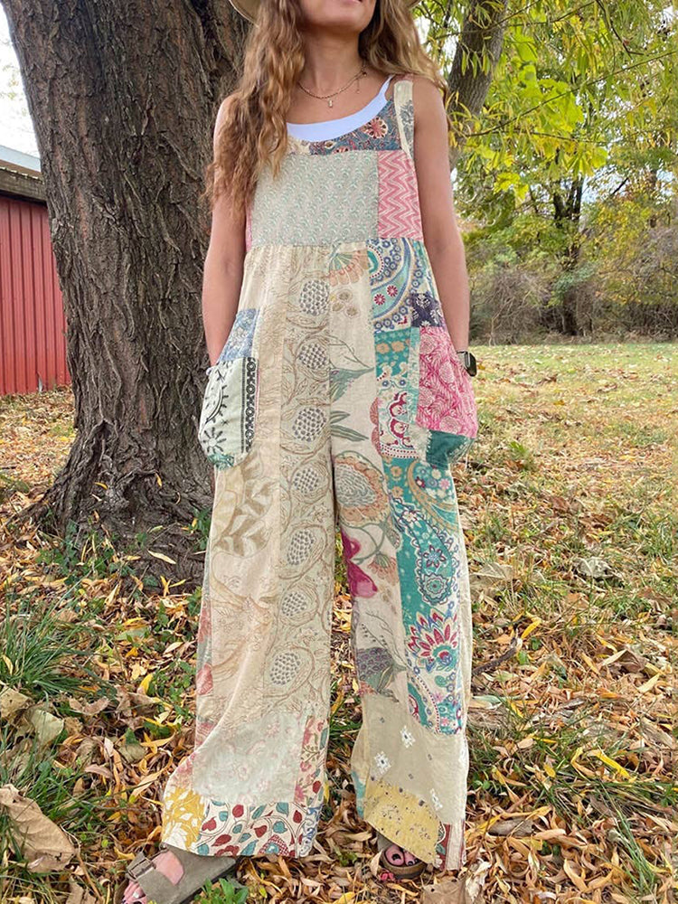 Women's  Boho Vintage Art Print Casual 100% Cotton Wide Leg Jumpsuit