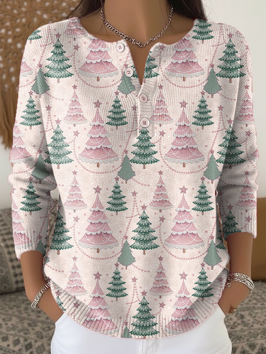 Beautiful Winter Christmas Tree Drawing Art Print Buttoned Cardigan Sweater