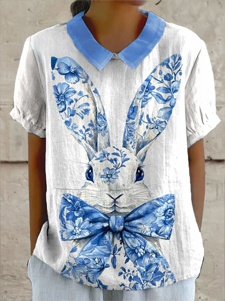 Women's Easter Bunny Colorful Art Print Casual Cotton And Linen Shirt