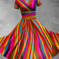Retro Rainbow Stripe  Print Casual Dress