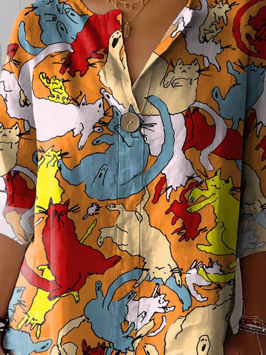 Women's Vintage Lovely Cats Art Print Casual Cotton Linen Shirt