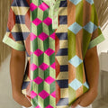 Retro Color-block Patchwork Print Loose-fit Cotton-linen Short-sleeve Shirt