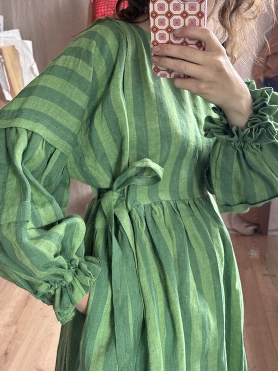 Women's Cotton And Linen Plaid Lantern Sleeve Dress