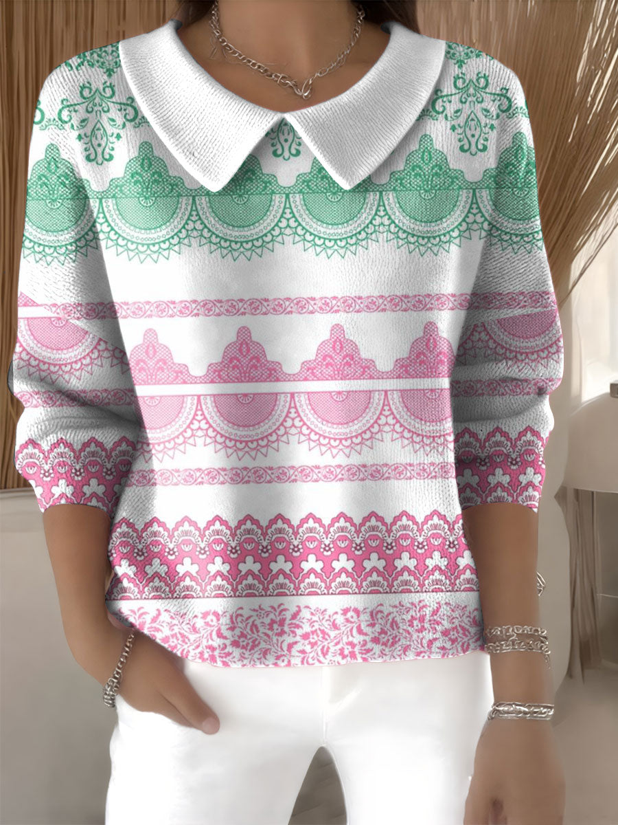 Women's Ethnic Pattern Print Casual Print Peter Pan Collar 3/4 Sleeve Sweater