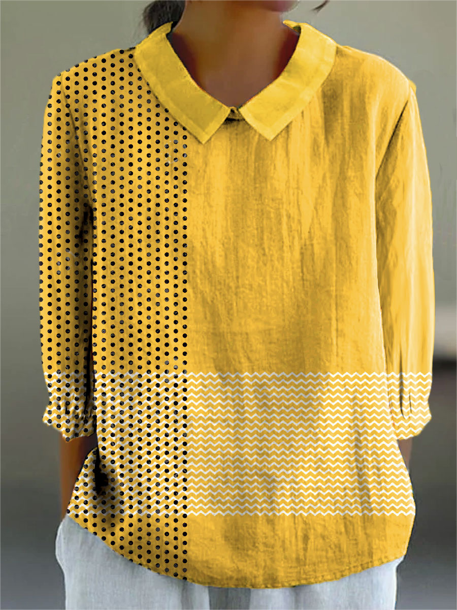 Women's Geometry Colors Abstract Art Print Casual Cotton And Linen 3/4 Sleeve Shirt