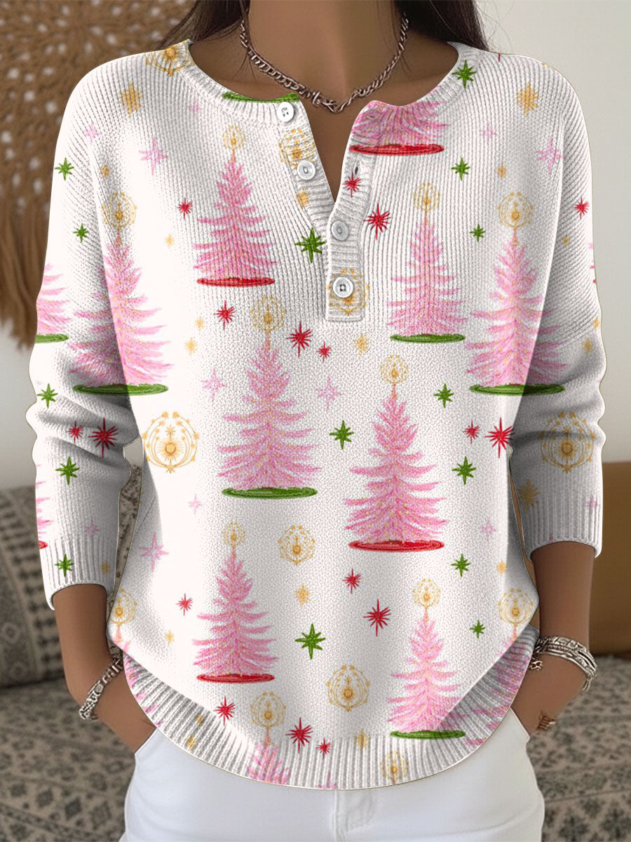 Christmas Pink Trees Pattern Art Print Buttoned Cardigan Sweater