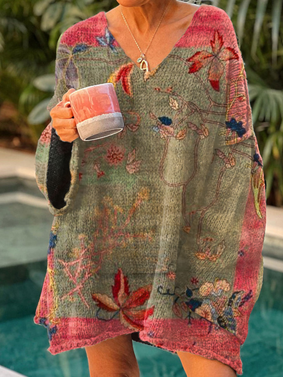 womens-vintage-flower-art-print-casual-pullover-sweater-ml44