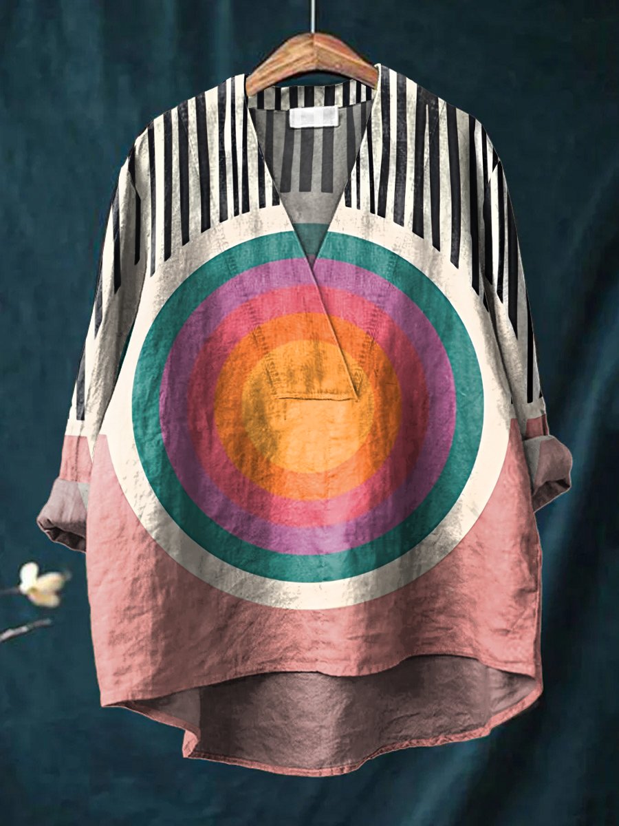Women's Gradient Circle Geometry Print Casual Cotton And Linen V-neck Shirt