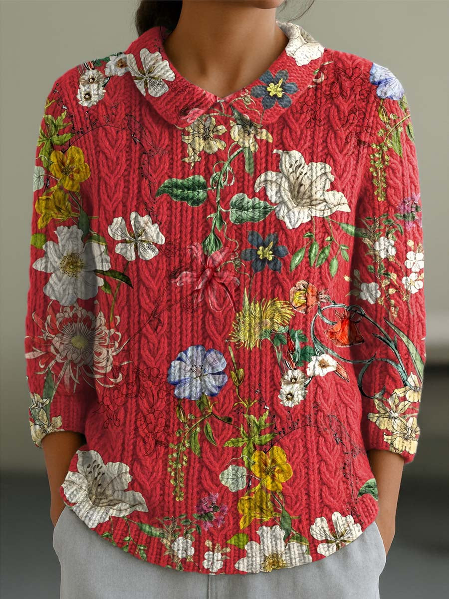 womens-vintage-floral-art-print-casual-peter-pan-collar-3-4-sleeve-sweater-272w