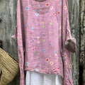 Pull décontracté en coton et lin à imprimé floral vintage pour femme 