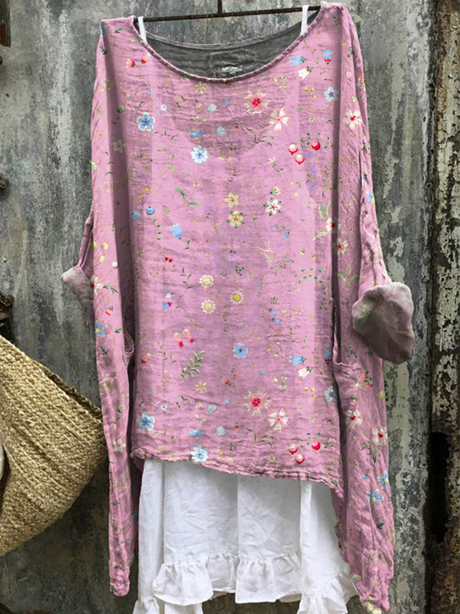 Women's Vintage Floral Art Print Casual Cotton Linen Pullover Top