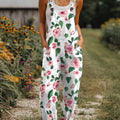 Women's  Vintage Flower Art Print Casual 100% Cotton Wide Leg Jumpsuit