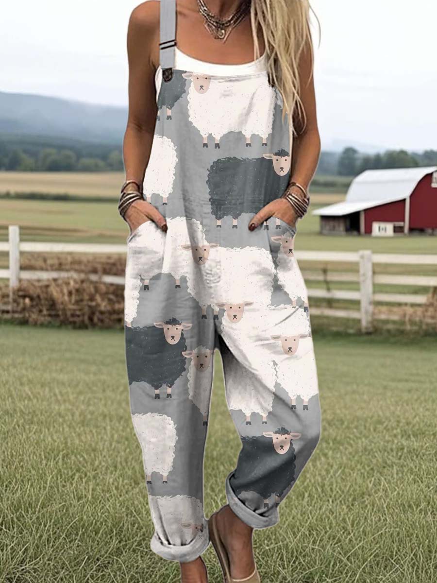 Women's Lovely Sheep Art Print Casual 100% Cotton Wide Leg Jumpsuit