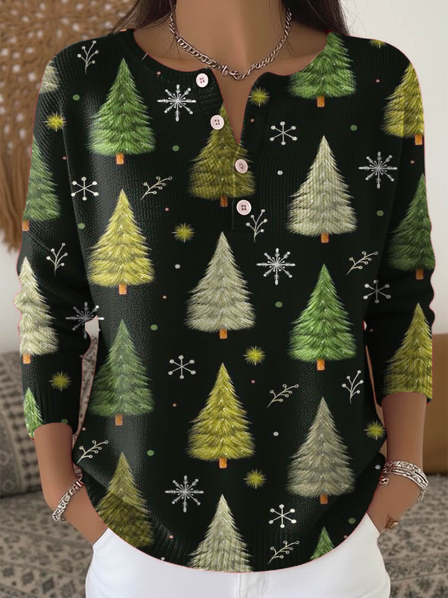 Women's Christmas Tree Art Print Buttoned Cardigan Sweater