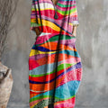 Women's Abstract Art Pattern Print Pocket V-neck Cotton Dress