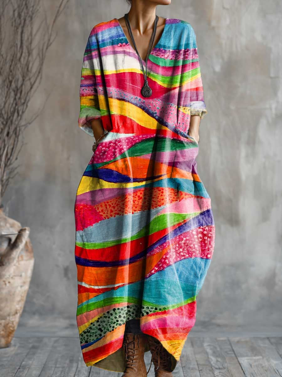 Women's Abstract Art Pattern Print Pocket V-neck Cotton Dress