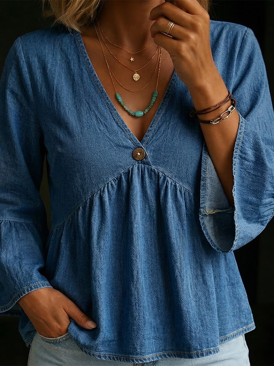 Women's V-neck Ruffle Sleeves Denim Top