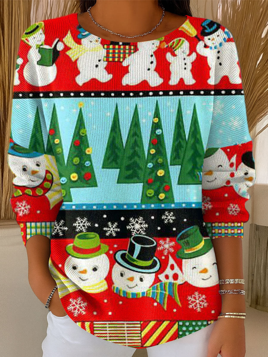 Women's Beautiful Colorful Christmas Tree Snowman Drawing Art Print Casual Pullover Sweater