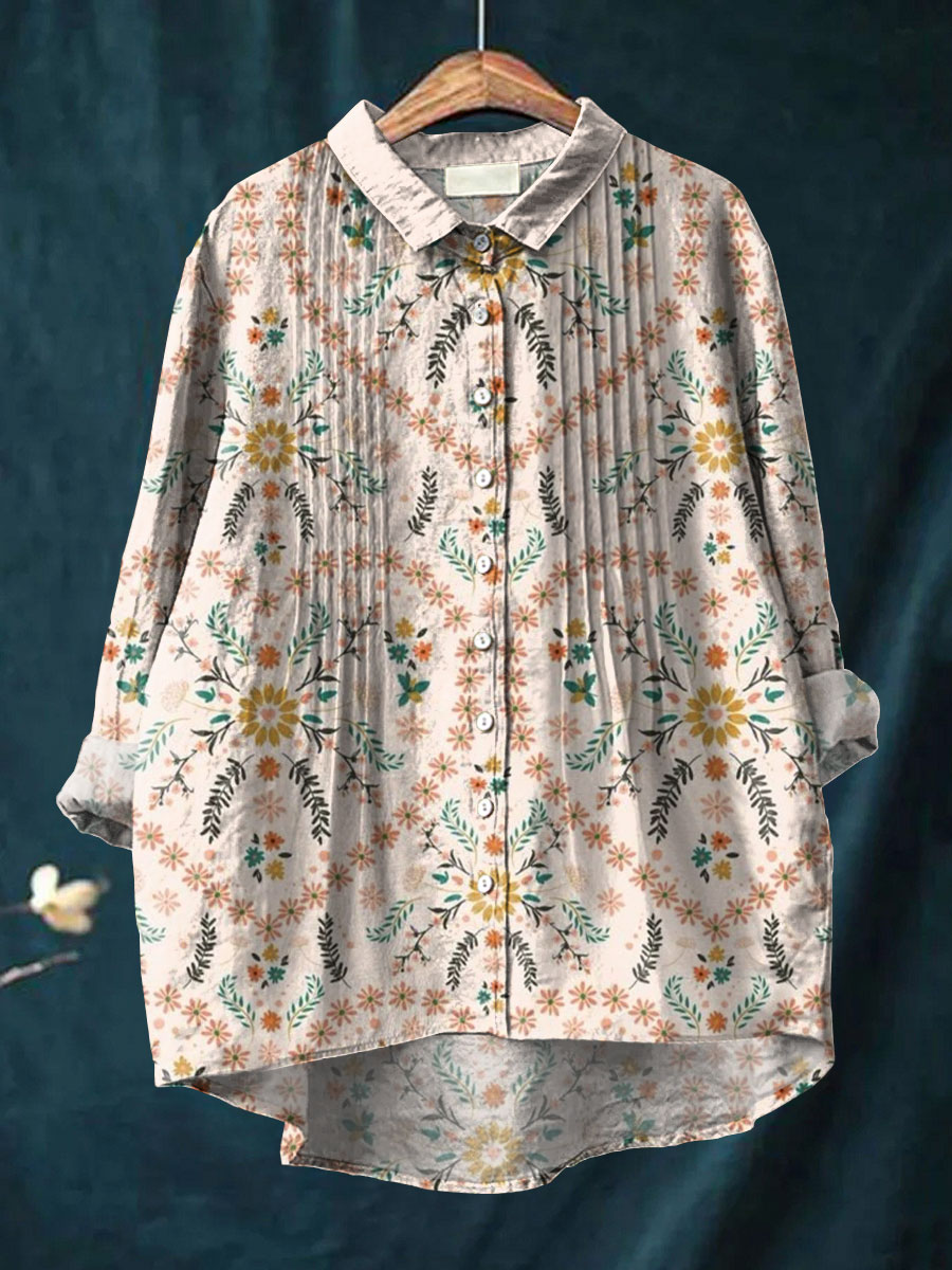 Women's Simple Floral Pattern Art Print Casual Cotton And Linen Ruffle Shirt