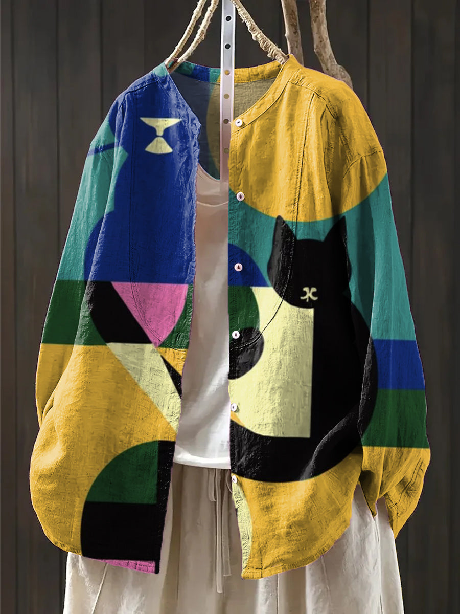 Women's Beautiful Colorful Geometric Cat Painting Art Print Casual Cotton And Linen Shirt