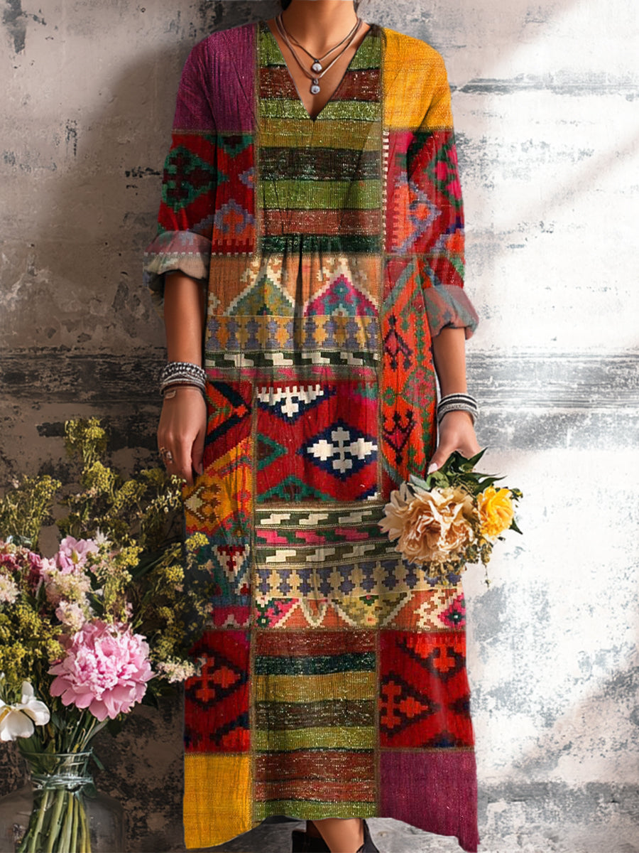 Women's Vintage National Geometric Plaid Splicing Art Print Dress