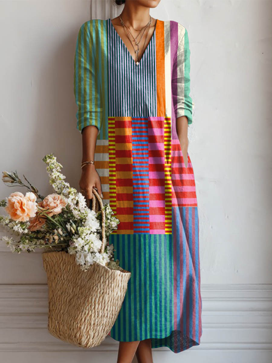 Women's Geometric Pattern Art Print Casual Cotton Linen Pocket Dress