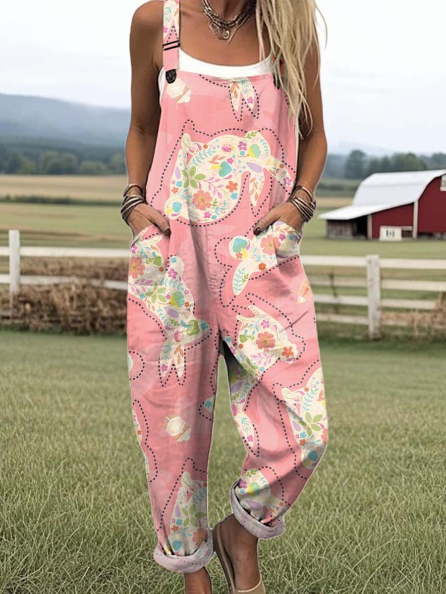 Women's Artistic Creative Floral Rabbit Print Casual 100% Cotton Wide Leg Jumpsuit