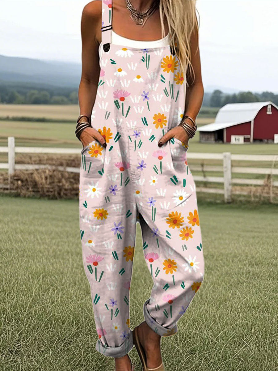 Women's Vintage Floral Art Print Casual 100% Cotton Wide Leg Jumpsuit