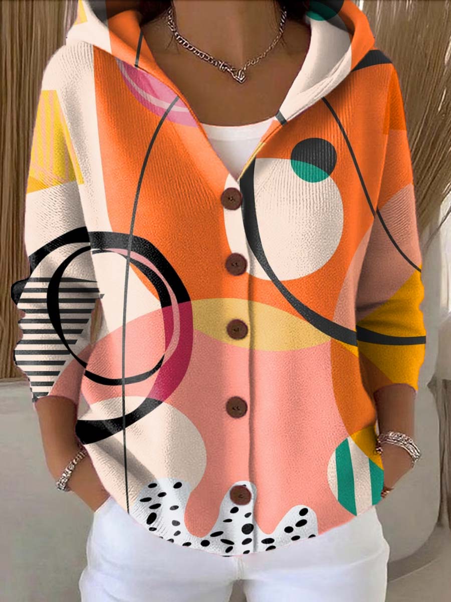 Women's Geometric Pattern Art Printed Casual Hooded Button Sweater