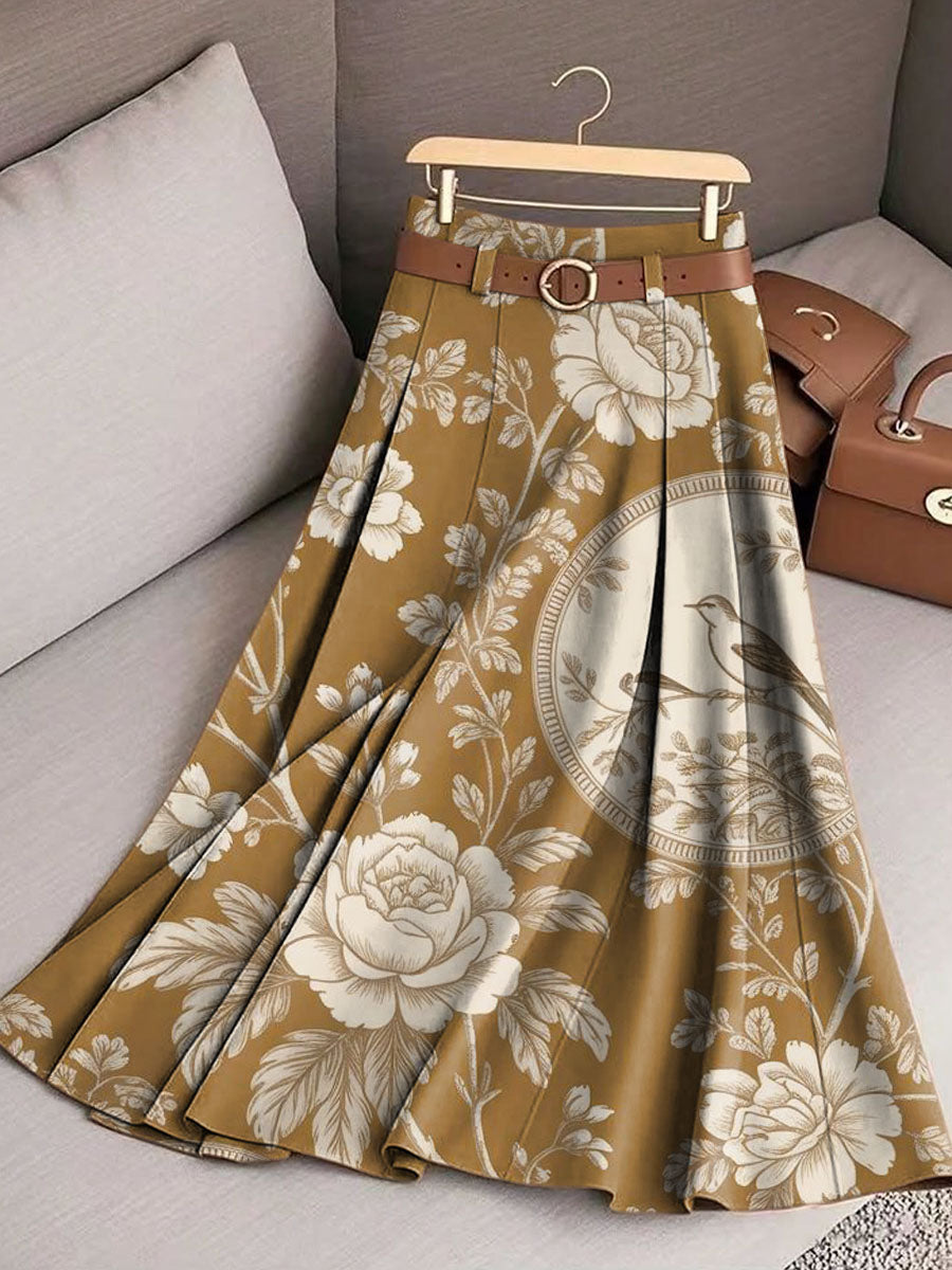 Women's Vintage Floral Birds Art Print Casual Cotton Skirt