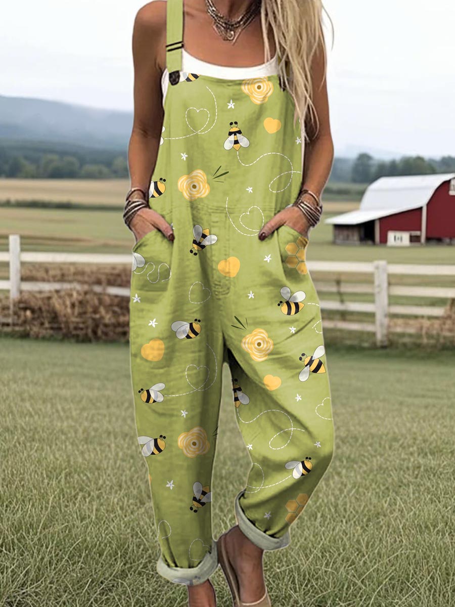 Women's Lovely Bees Pattern Art Print Casual 100% Cotton Wide Leg Jumpsuit