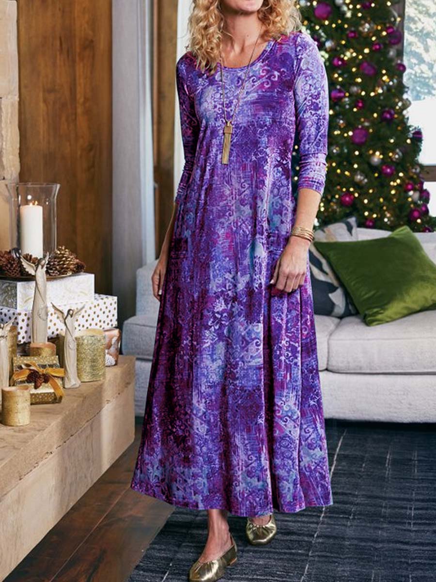 Women's Abstract Print Round Neck Long Sleeve Velvet A-Line Dress