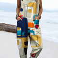 Women's Abstract Geometric Pattern Art Print Casual 100% Cotton Wide Leg Jumpsuit