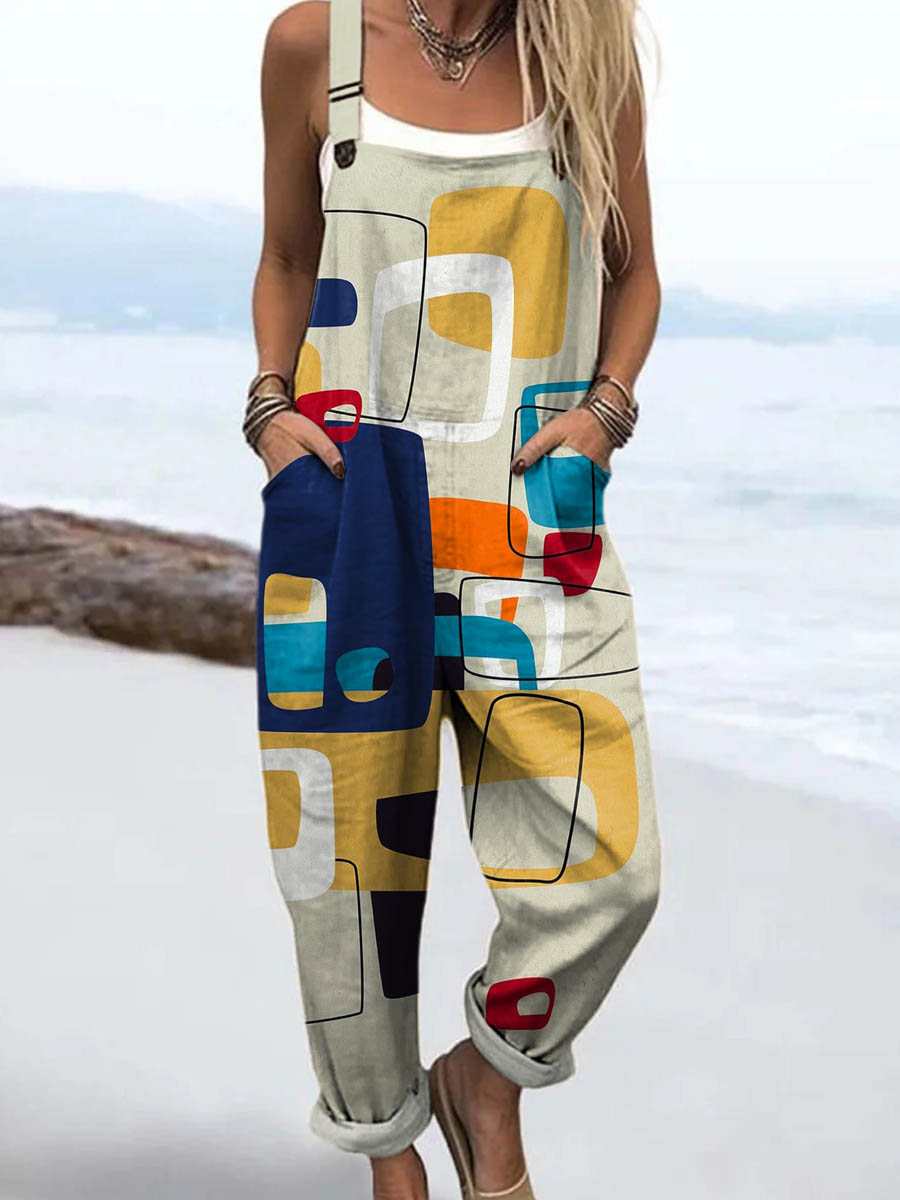 Women's Abstract Geometric Pattern Art Print Casual 100% Cotton Wide Leg Jumpsuit