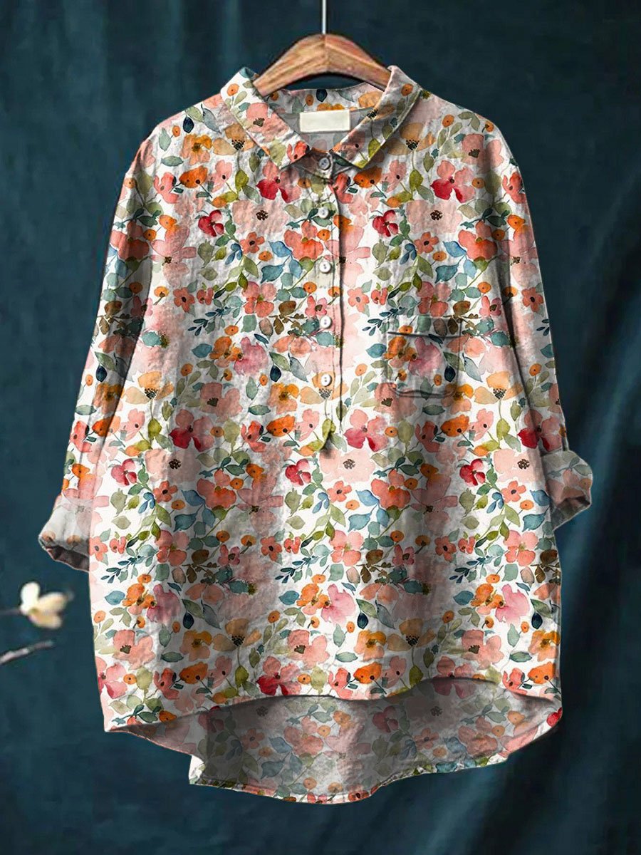 Women's Vintage Floral Art Print Casual Cotton And Linen Shirt