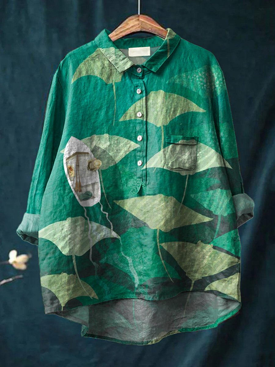 Manta Ray Fish Migration Art Printed Women's Casual Cotton And Linen Shirt