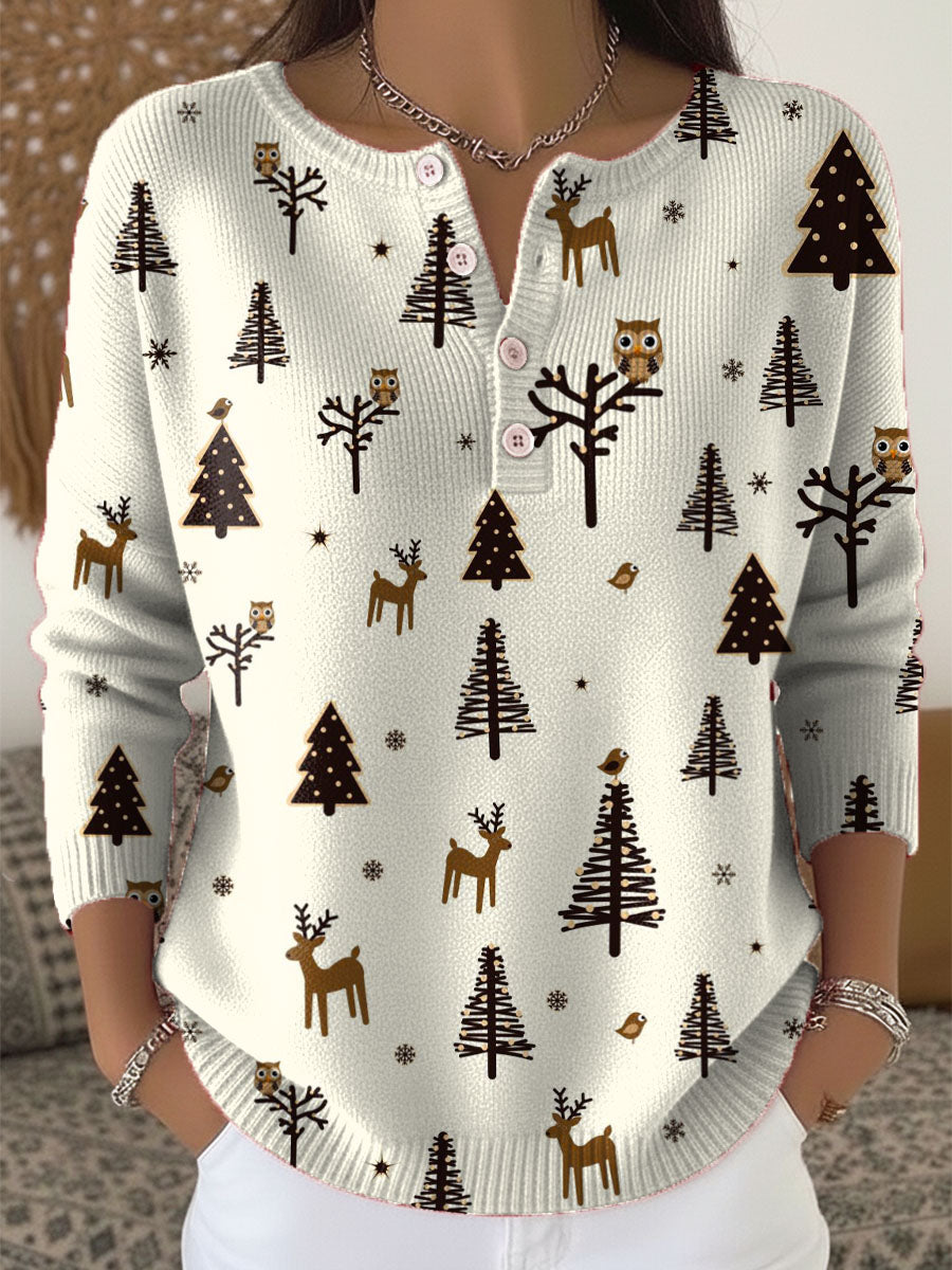 Women's Christmas Tree Art Print Buttoned Cardigan Sweater