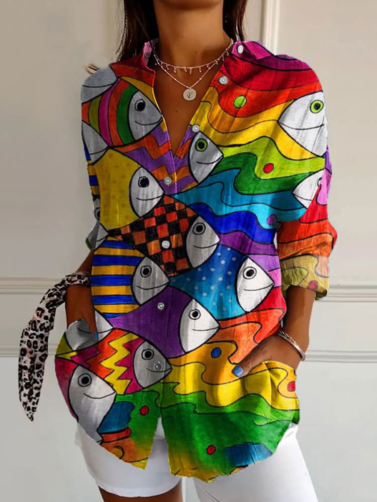 Women's Fish Art Print Casual Cotton Shirt