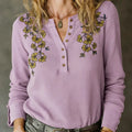 Women's Floral Print Waffle-knit Cotton Henley Top
